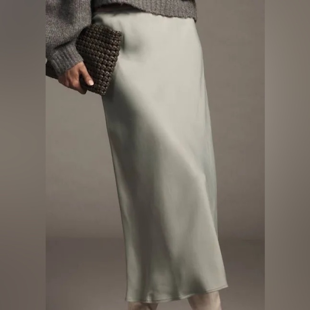 Anthropologie Tilda Moss Green Maxi Side-Slit Slip Skirt